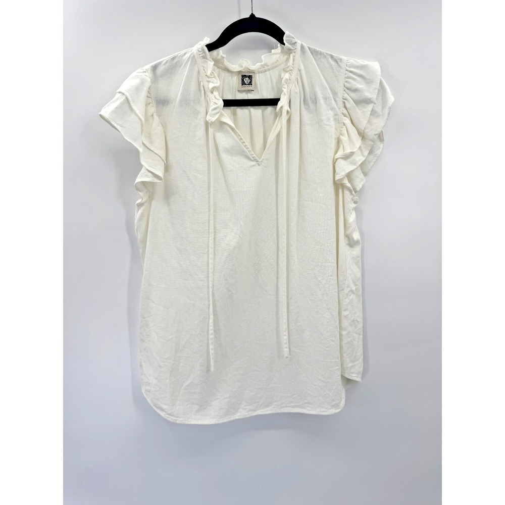 Anne Klein Linen Ruffle Sleeve Top XL Cottagecore Beach Coastal Fisherman Preppy